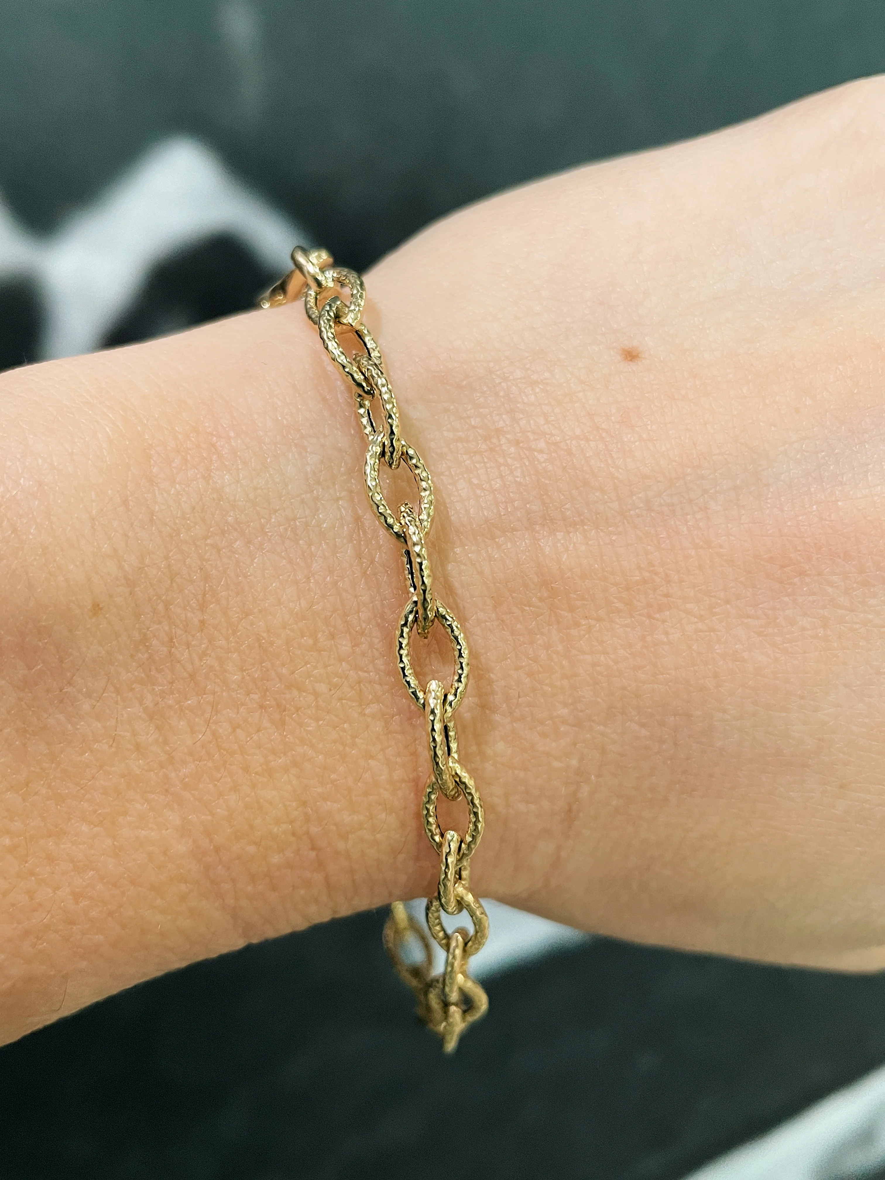 14k Yellow Gold Etched Marquise Link Bracelet - Image 7